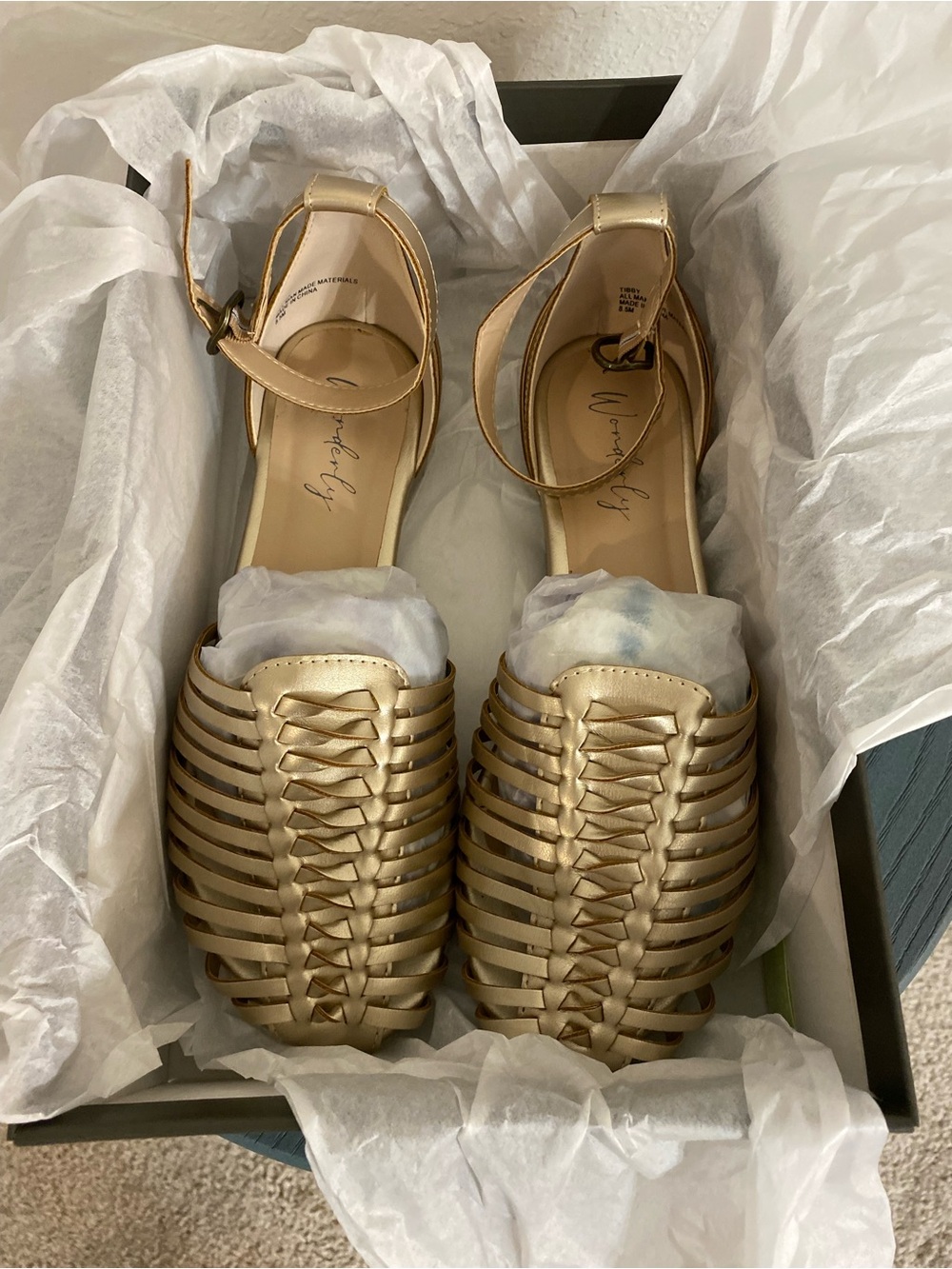 Wonderly Metallic Gold Woven Ankle-Strap Sandals